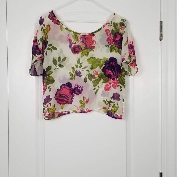 BLACK Poppy Boho Sheer Floral Printed Crop Top - Picture 5 of 9